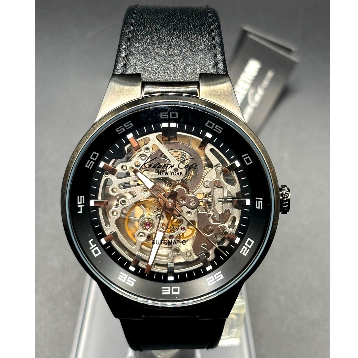 Kenneth Cole KC8048 Automatic Skeleton Men’s Watch Black Leather NIB
