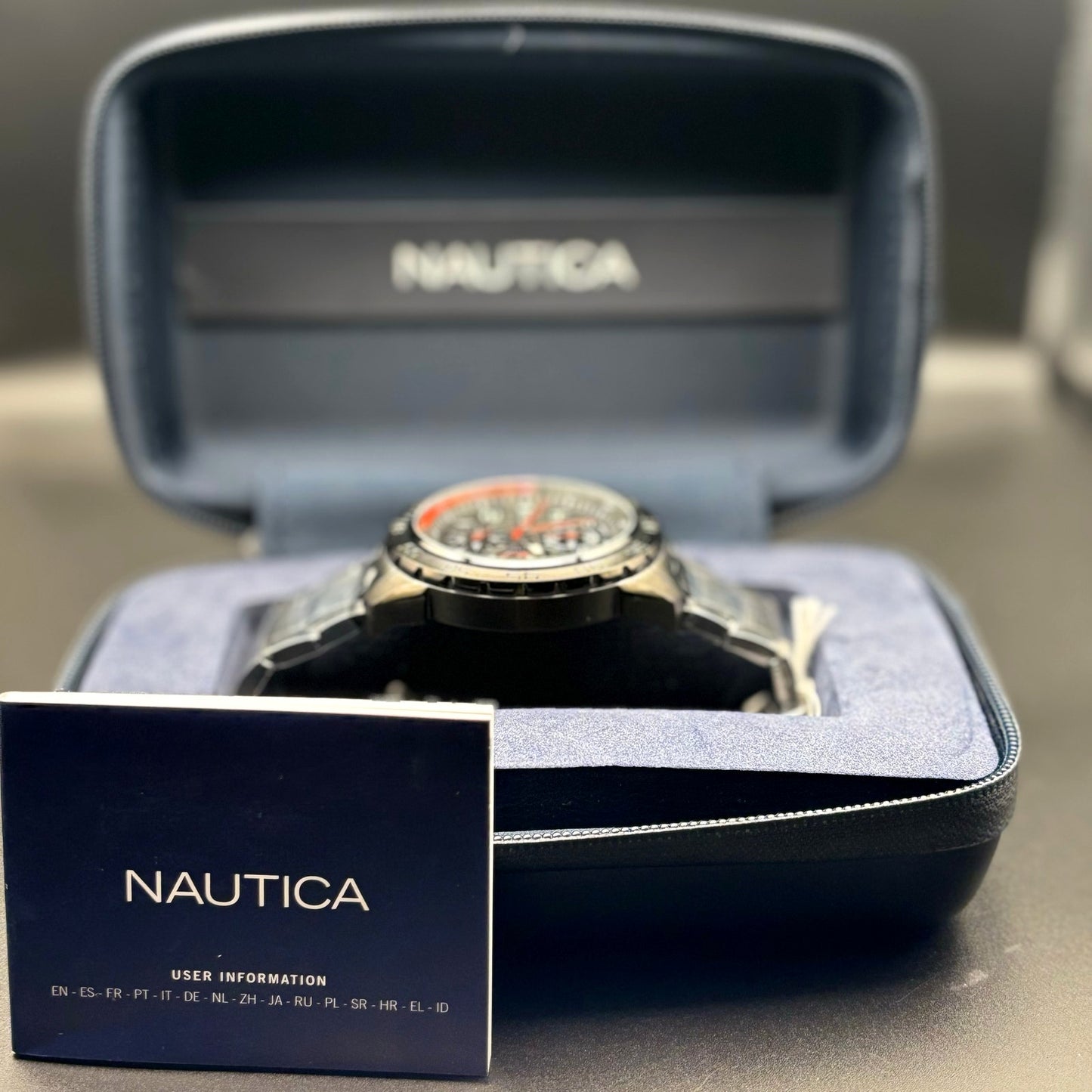Nautica NAPNS305 Mens Chronograph Recycled Stainless Steel Bracelet Watch NIBWT