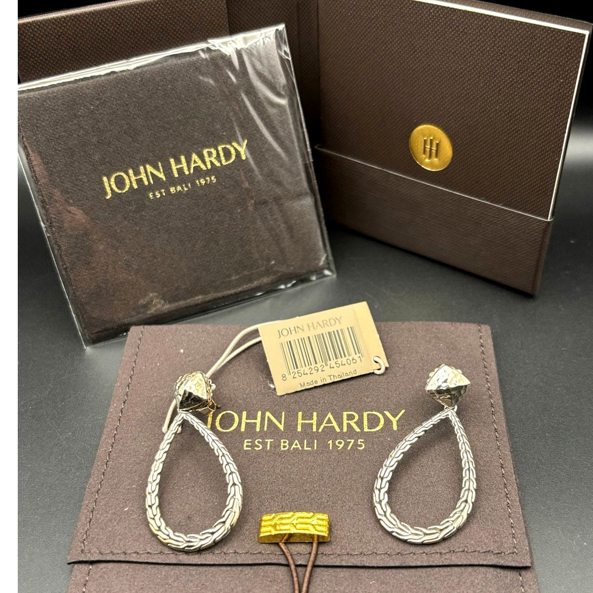 John Hardy 1833335 Womens Classic Chain Hammered Silver Pear Drop Earrings NIBWT