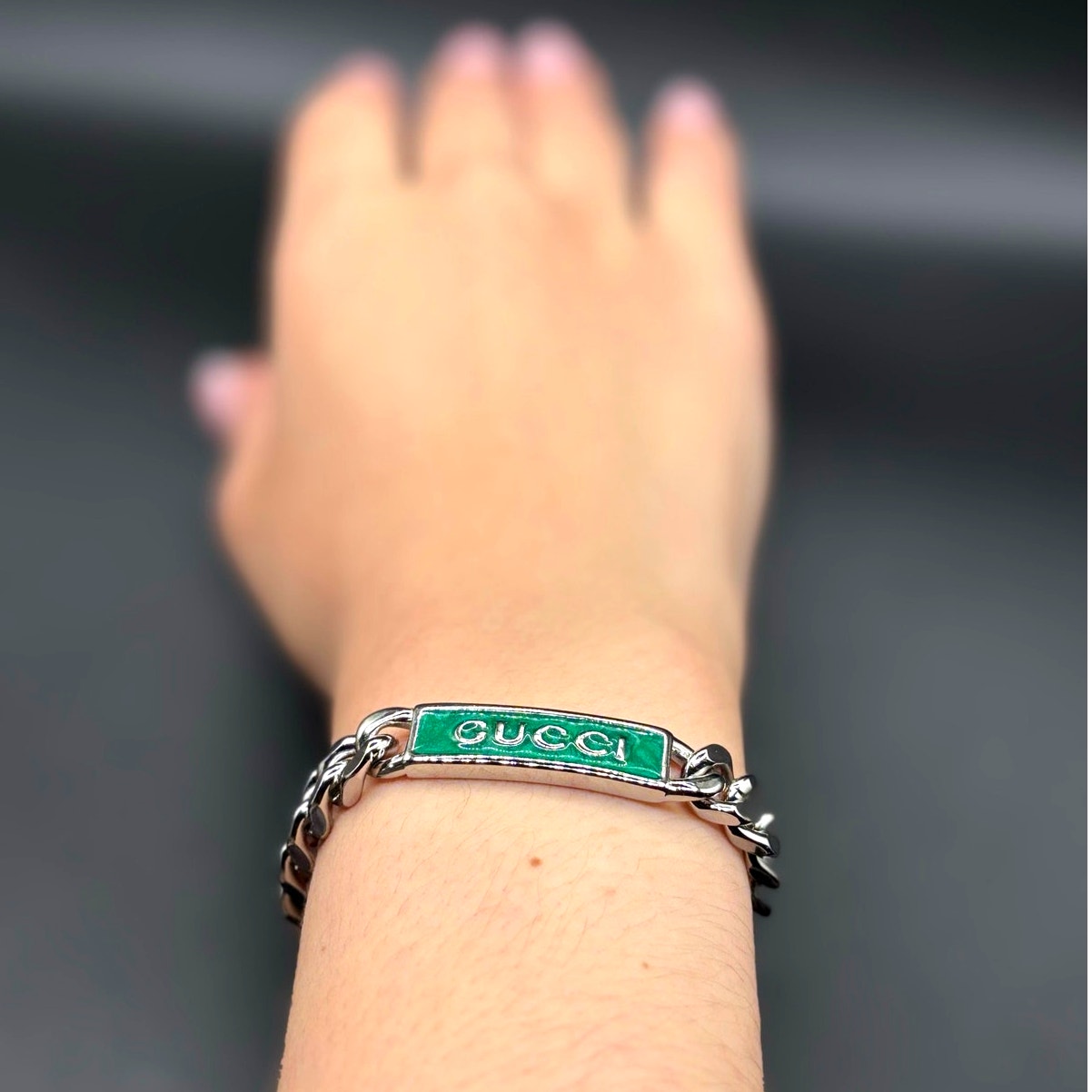 Gucci Sterling Silver Turquoise Enamel Logo ID Unisex Bracelet 7.5 NIB