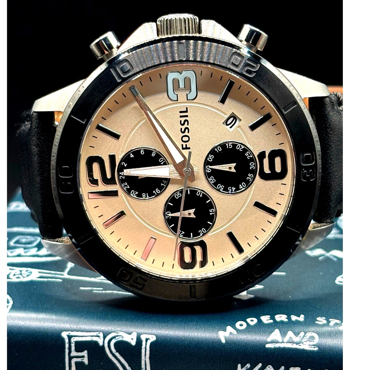 Fossil BQ2165 Chronograph Cream Dial Black Leather Men’s 45mm Watch