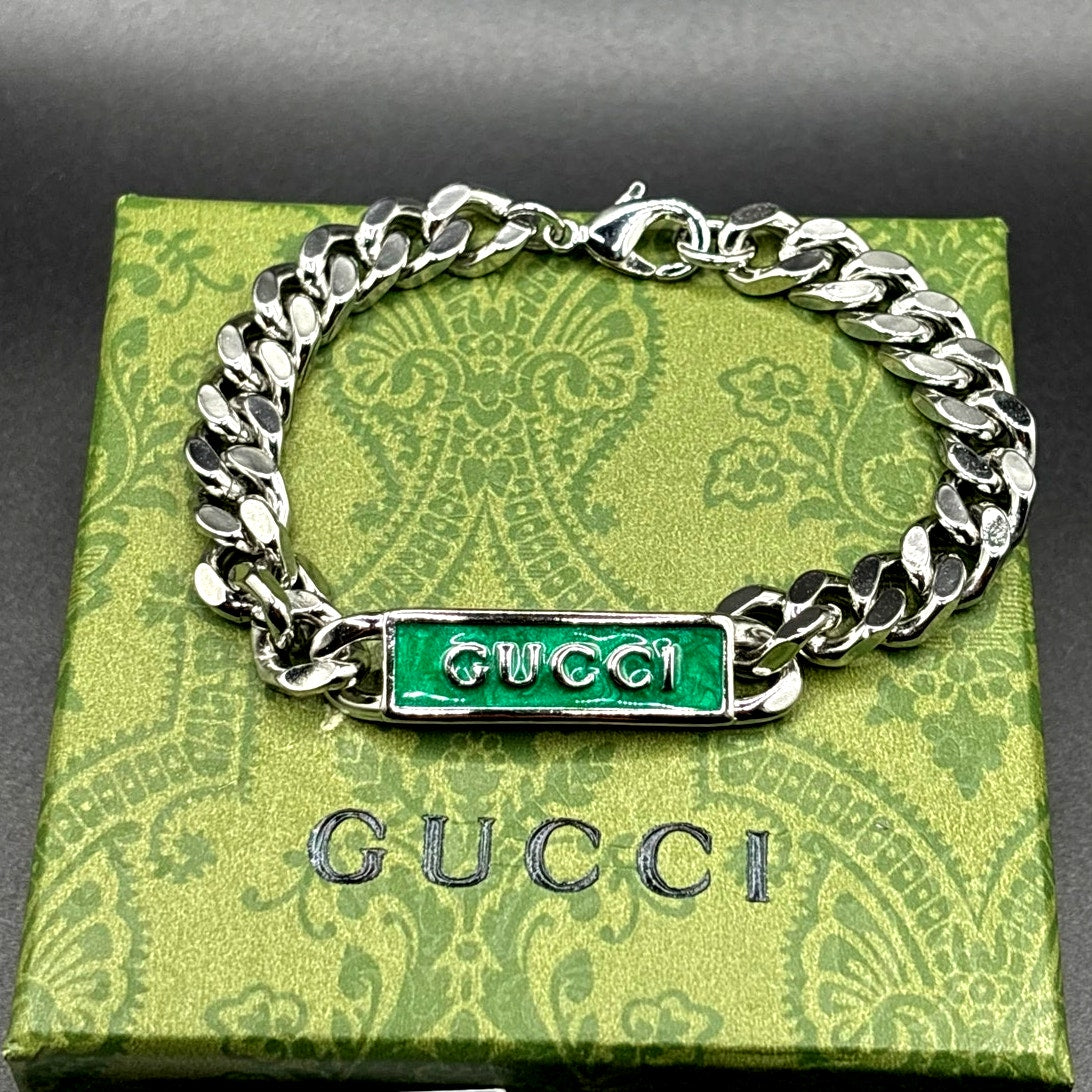 Gucci Sterling Silver Turquoise Enamel Logo ID Unisex Bracelet 7.5 NIB
