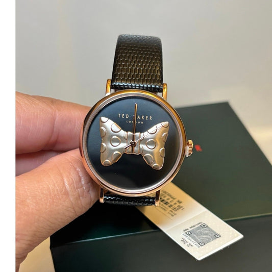 Ted Baker Ladies Black Lizard Leather Strap Watch Rose Gold Bow-Tie Dial BKPPHS3019I
