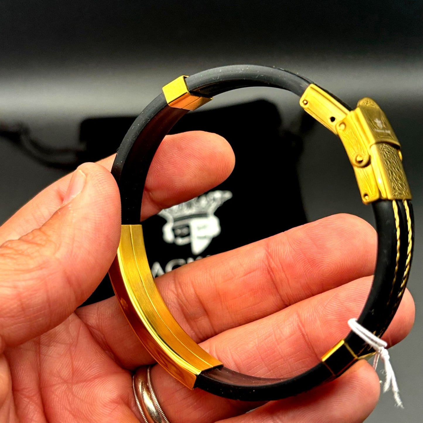 Blackjack BJB251G Mens Black Silicone Gold Stainless Steel Wire Bangle Bracelet