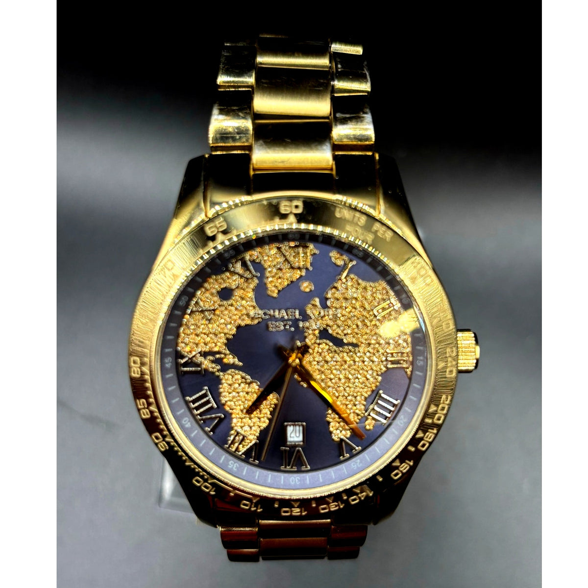 Michael Kors Layton MK6243 Gold Tone Blue Crystal Pave Globe Watch 44mm