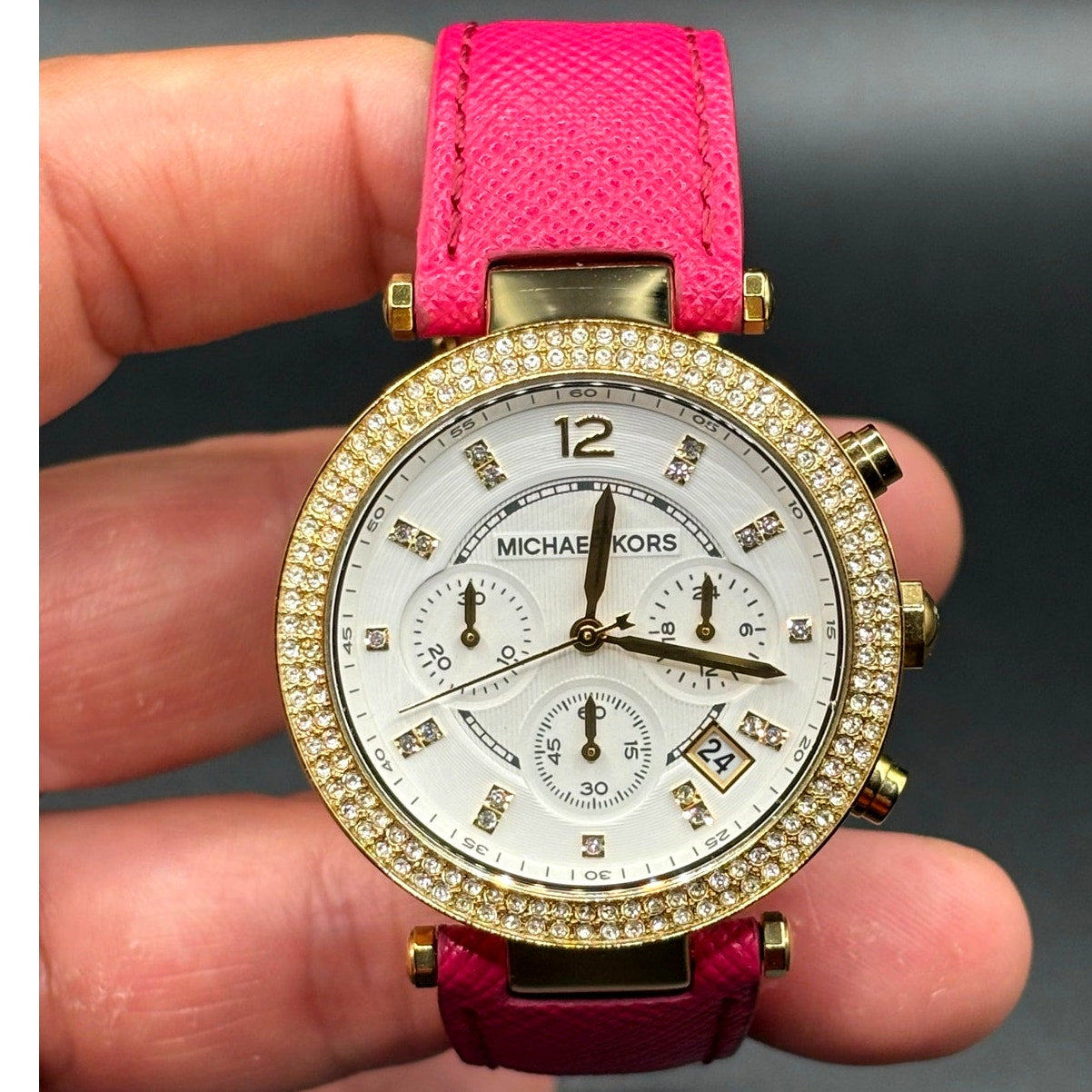 Michael Kors Parker MK2297 Crystal Chronograph Pink Leather Watch NWT