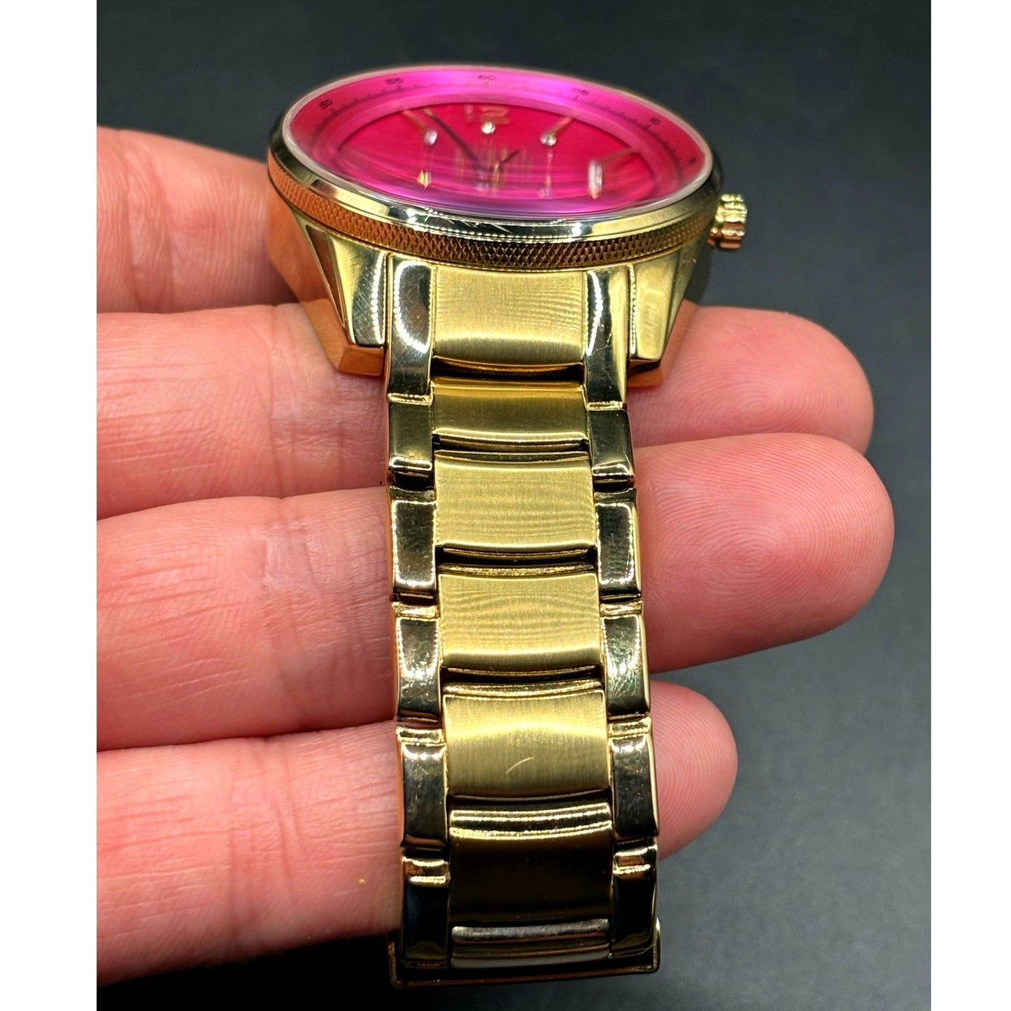 FOSSIL BQ1682 Stella Collection Hot Pink Dial Golden Bracelet Women's Watch