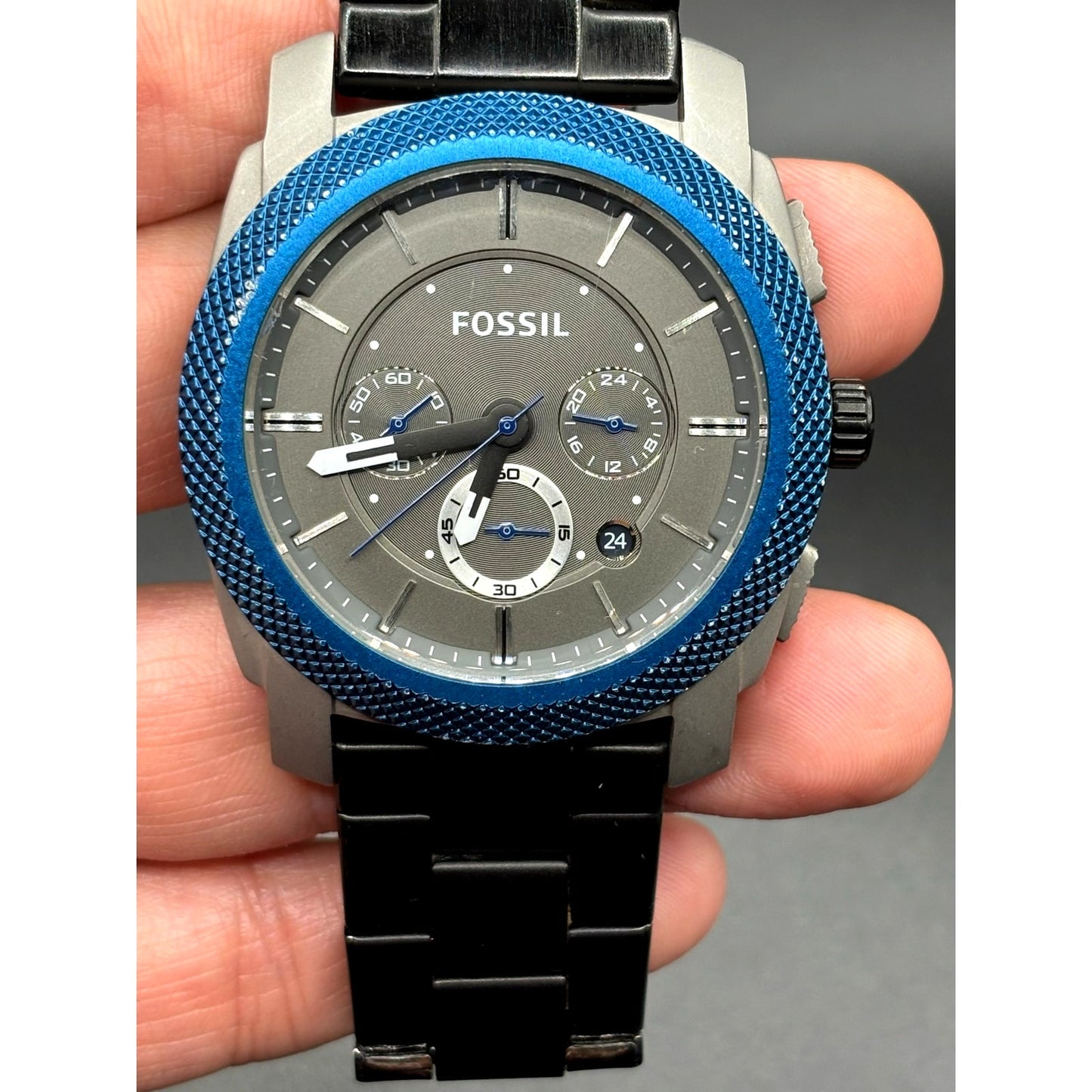 Fossil Machine FS4659 Men’s Chronograph Blue Bezel Gray Dial Black IP Watch