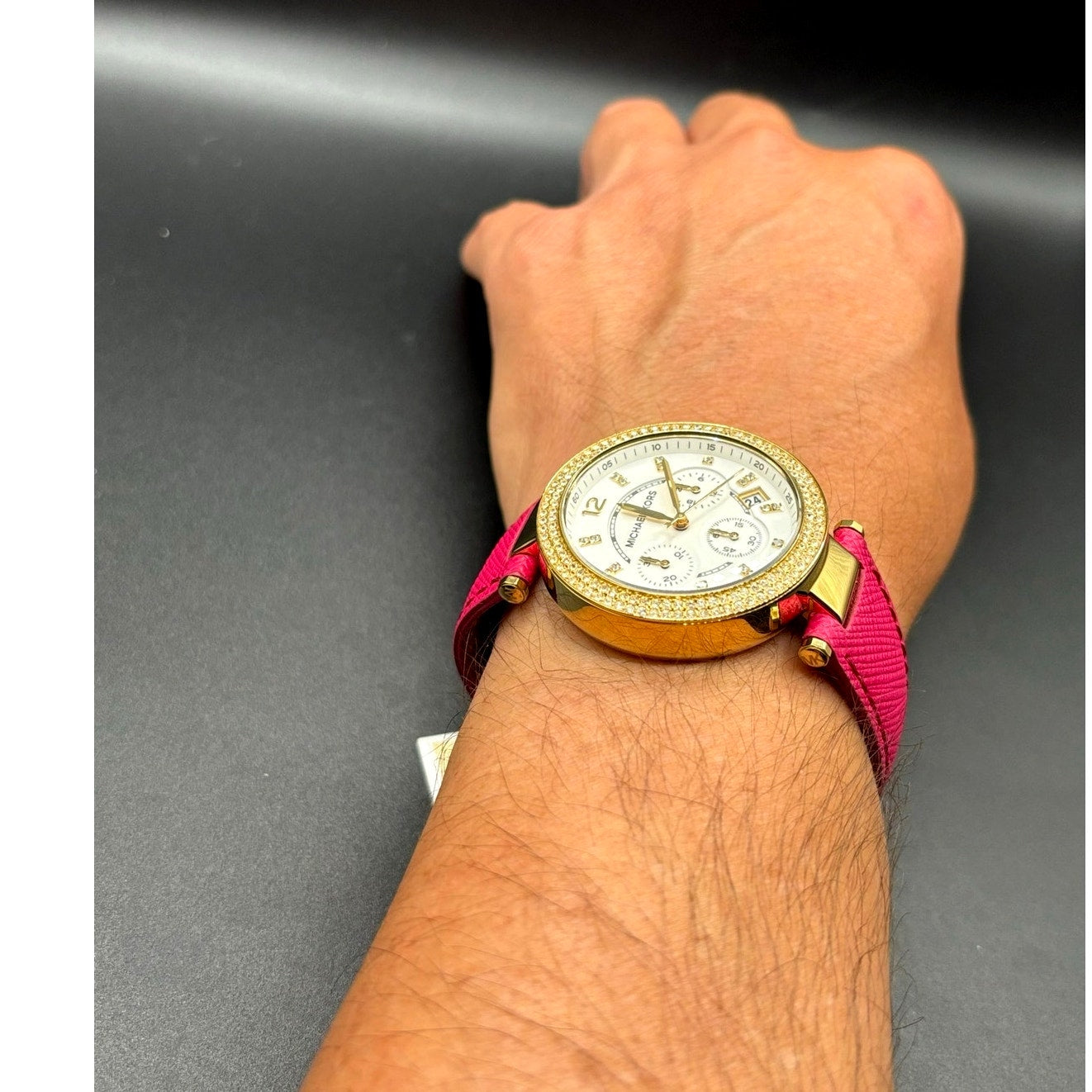 Michael Kors Parker MK2297 Crystal Chronograph Pink Leather Watch NWT