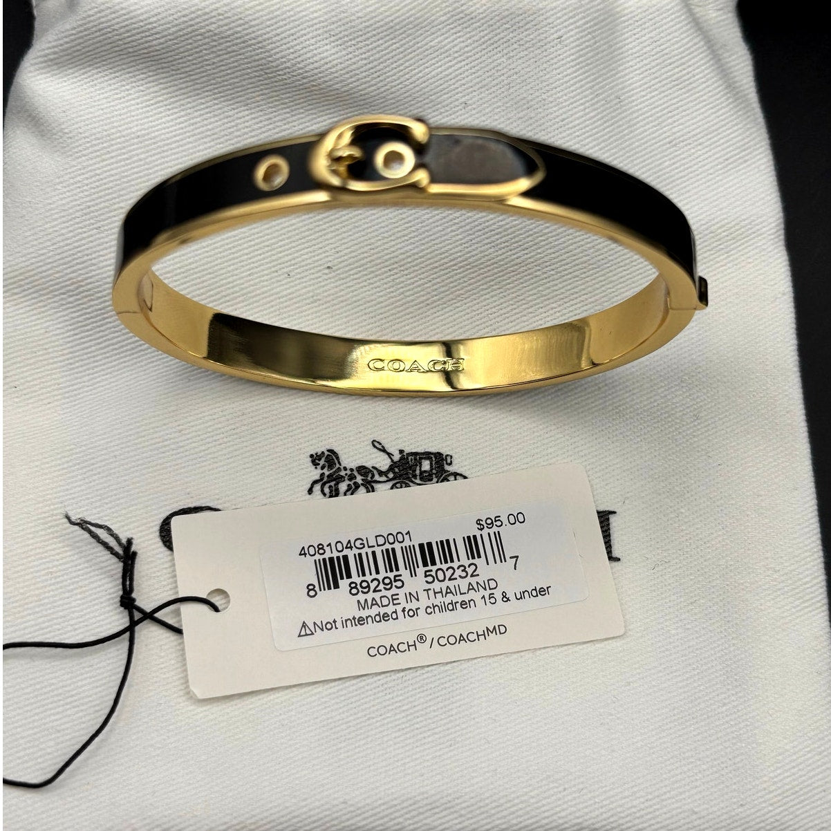 Coach 408104GLD001 Thin Enamel Signature Push Hinged Bangle Gold/Black NWT