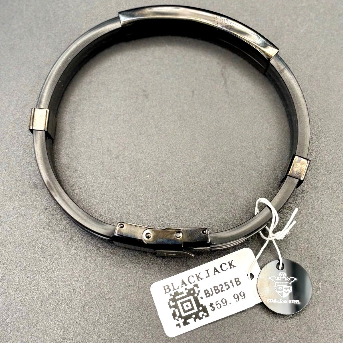 Blackjack BJB251B Men's Black Silicone Stainless Steel Bangle ID Bracelet NWT