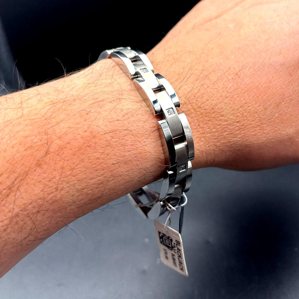 Blackjack BJB49T Men's Curved Link Stainless Steel Bracelet Cubic Zirconia NIBWT