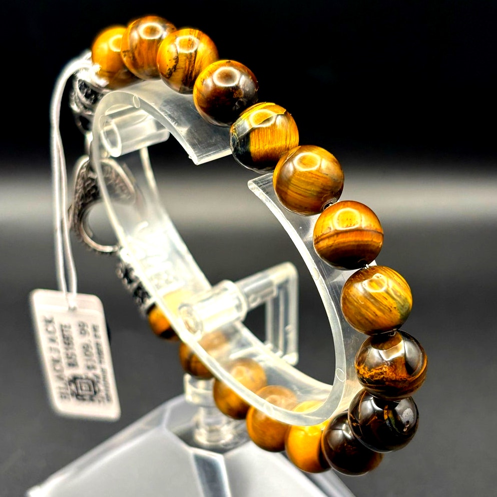 Blackjack BJS16BTE Men's Genuine 10mm Tiger Eye Stainless Steel Beaded Bracelet