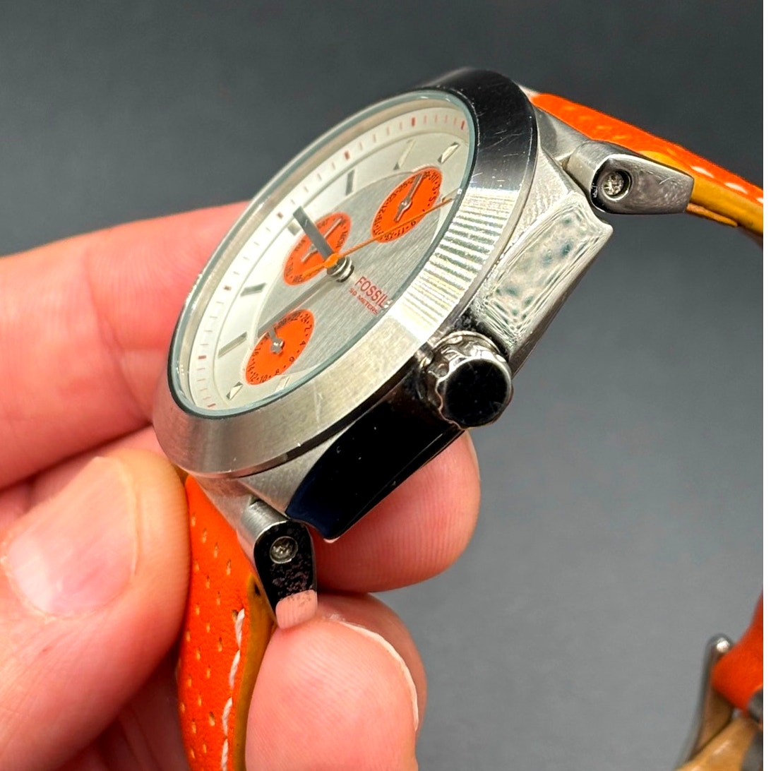 Fossil Boyfriend BQ9355 Multifunction Silver Orange Dial Leather Watch 50M