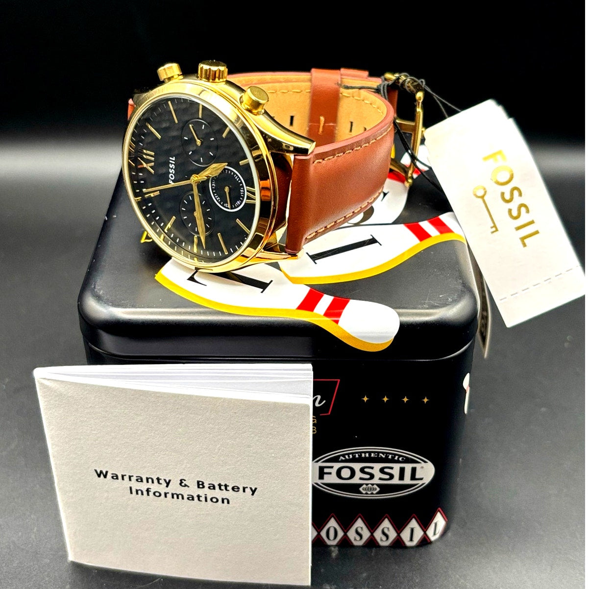 Fossil Fenmore BQM2404 Men's Multifunction Gold Tone Leather Strap Watch NIBWT