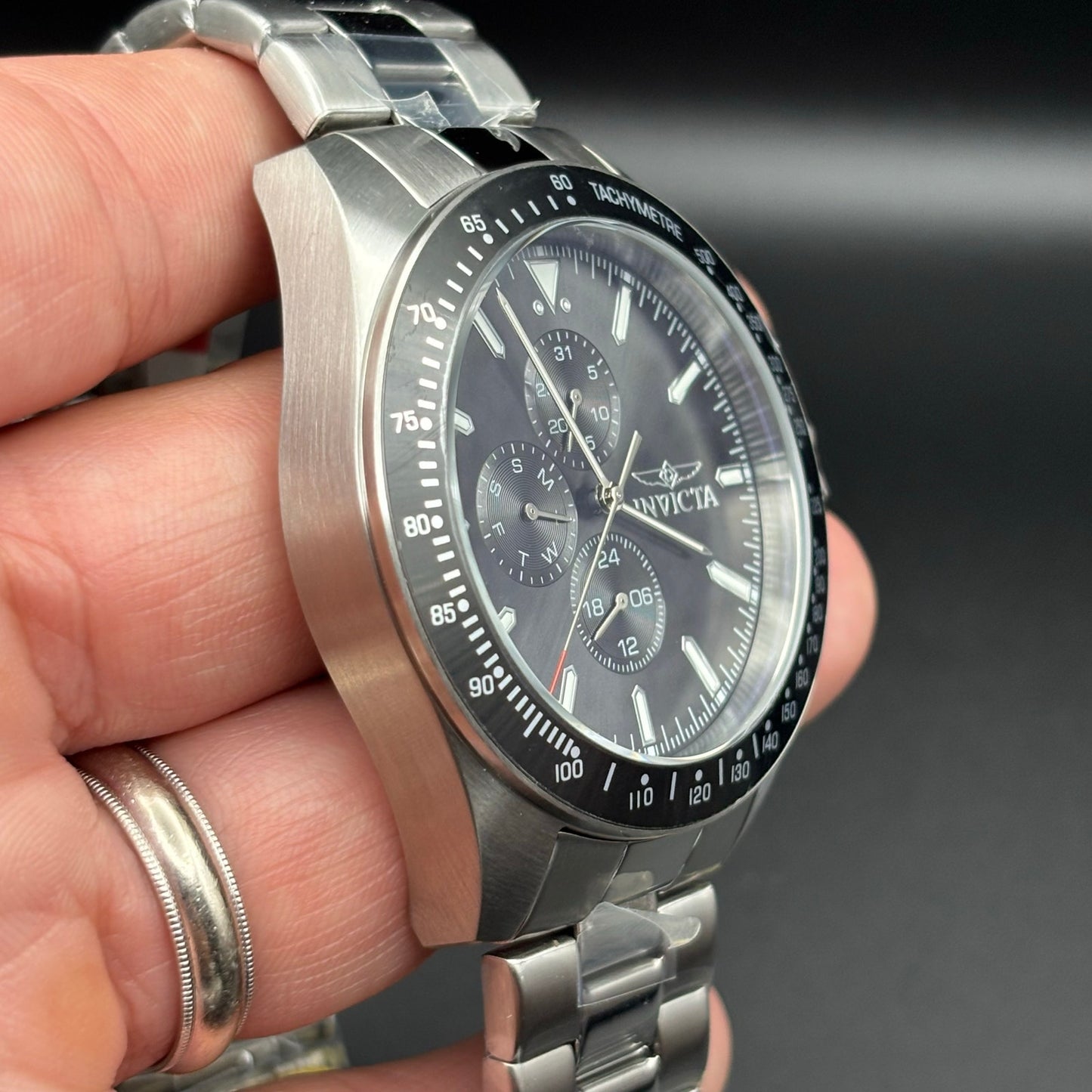 Invicta Aviator 47592 Men’s 45mm Quartz Charcoal Dial SS Bracelet 100M NIBWT