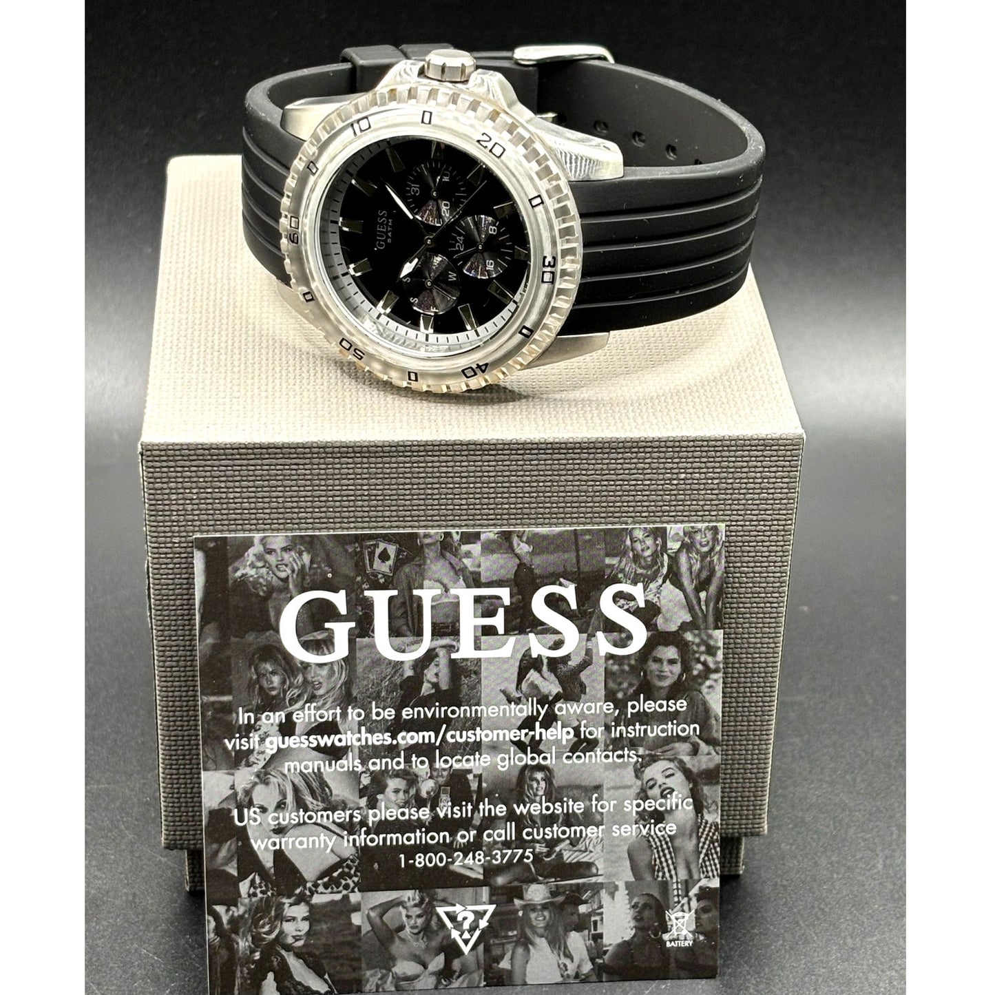 GUESS W85027G3 Men's Multifunction Clear Bezel Black Silicone Strap 44mm Watch