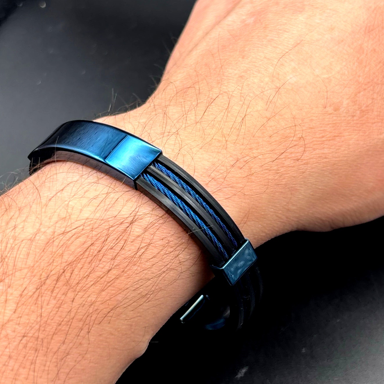 Blackjack BJB251BL Mens Blue Silicone Black Stainless Steel  Bangle ID Bracelet