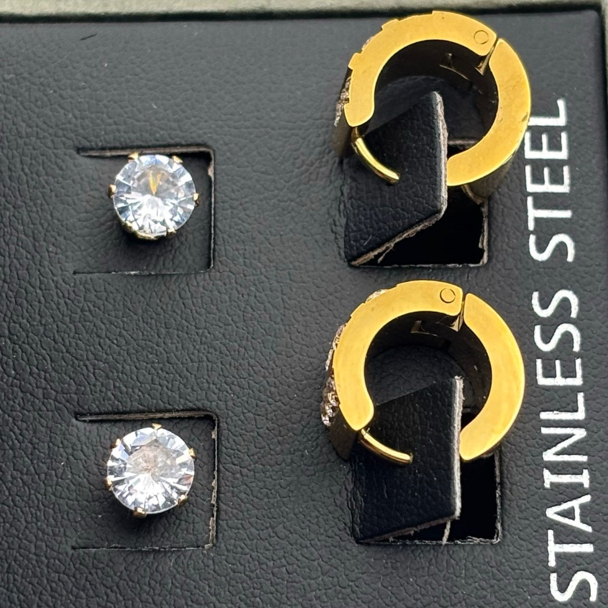 SteelTime Men’s Stainless Steel Earring Set – Gold Huggies + CZ Studs