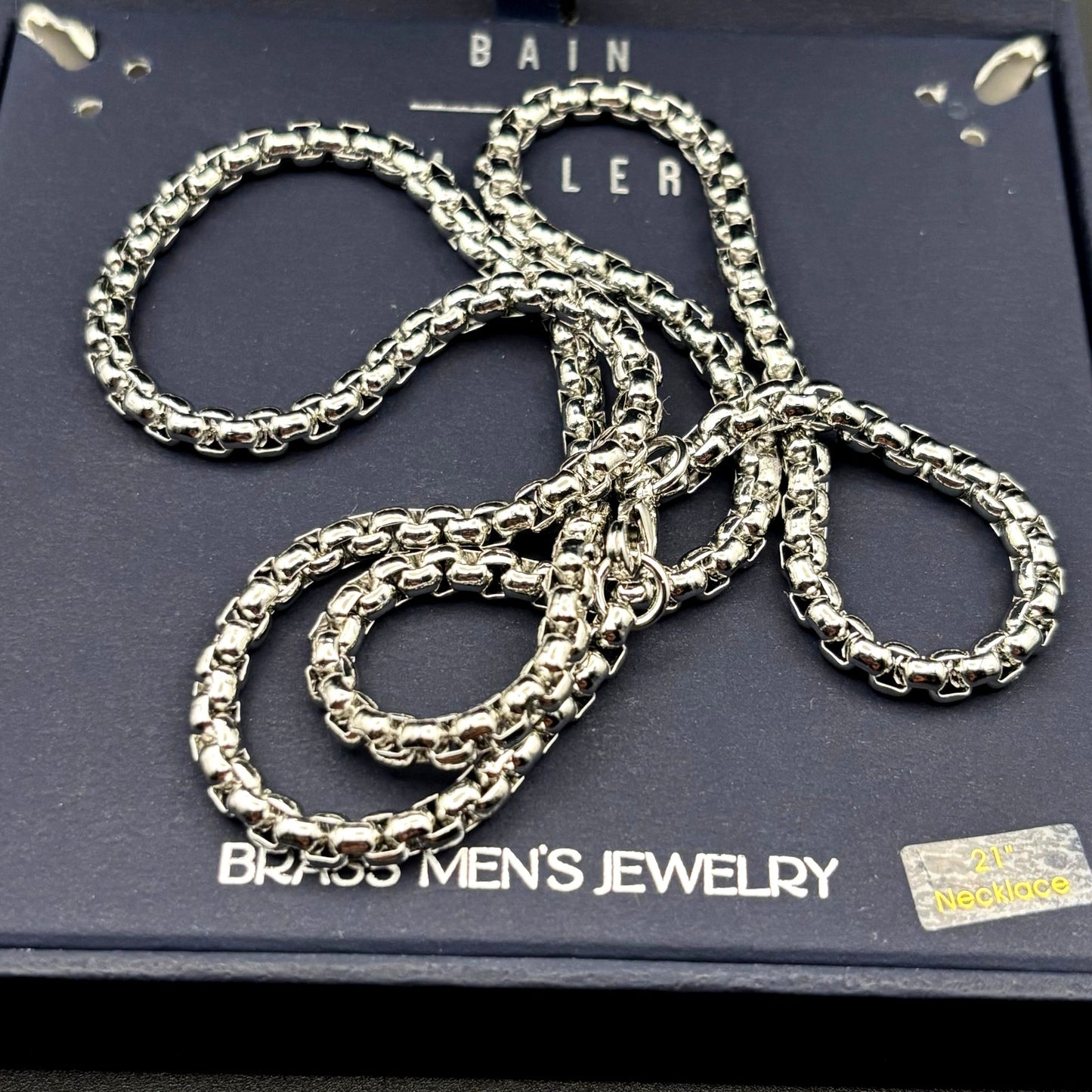 Bain Miller Men’s Silver Tone Brass Box Chain Necklace 21 Inches NIB