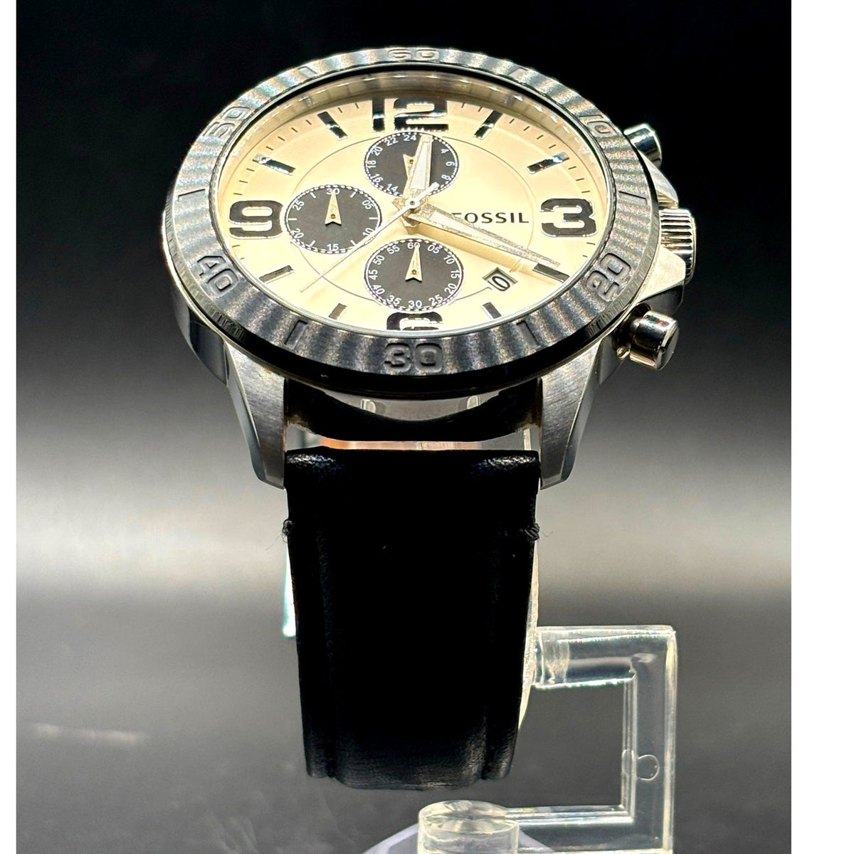 Fossil BQ2165 Chronograph Cream Dial Black Leather Men’s 45mm Watch