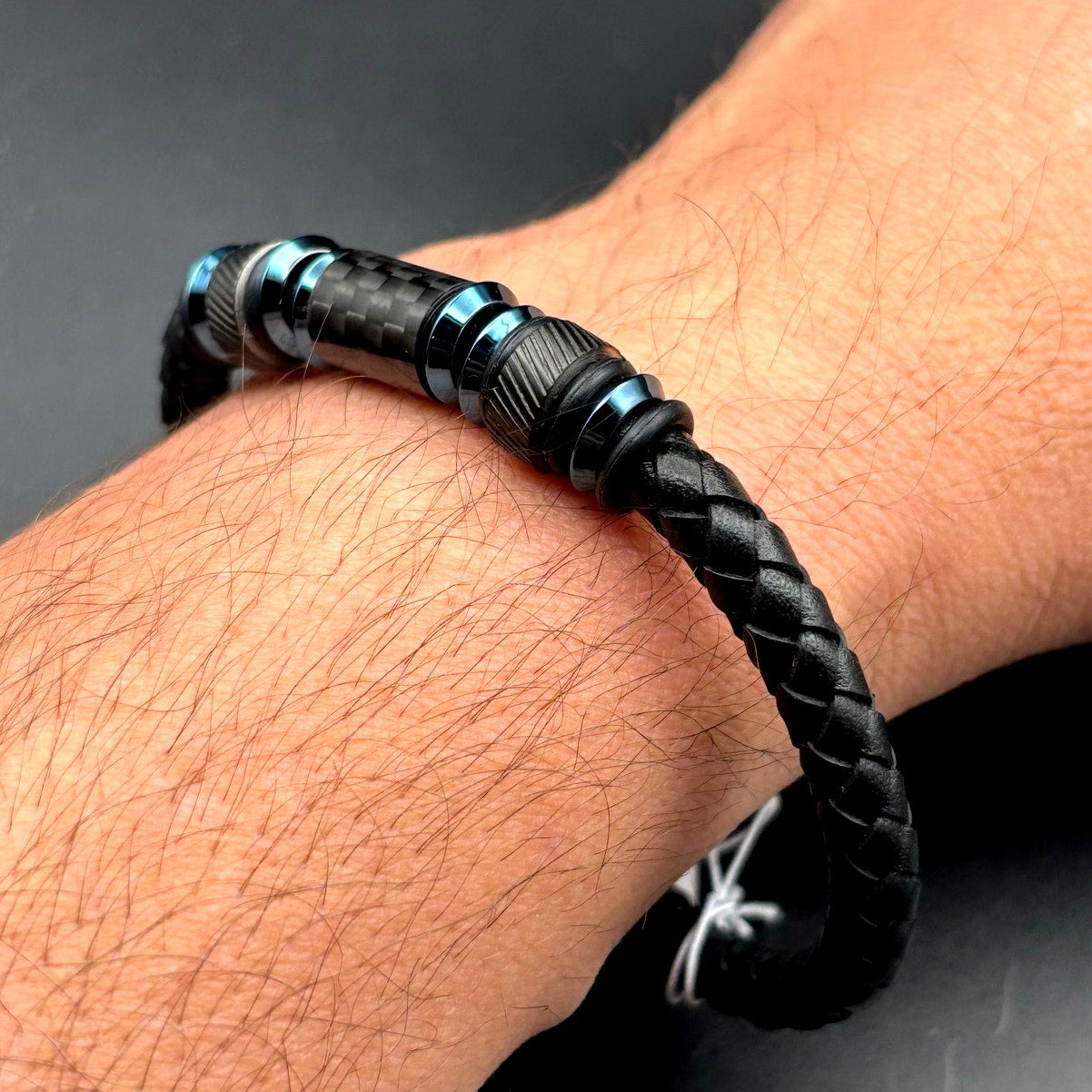 Blackjack BJB210BL Men's Leather Blue Stainless Steel Bracelet With Carbon Fiber