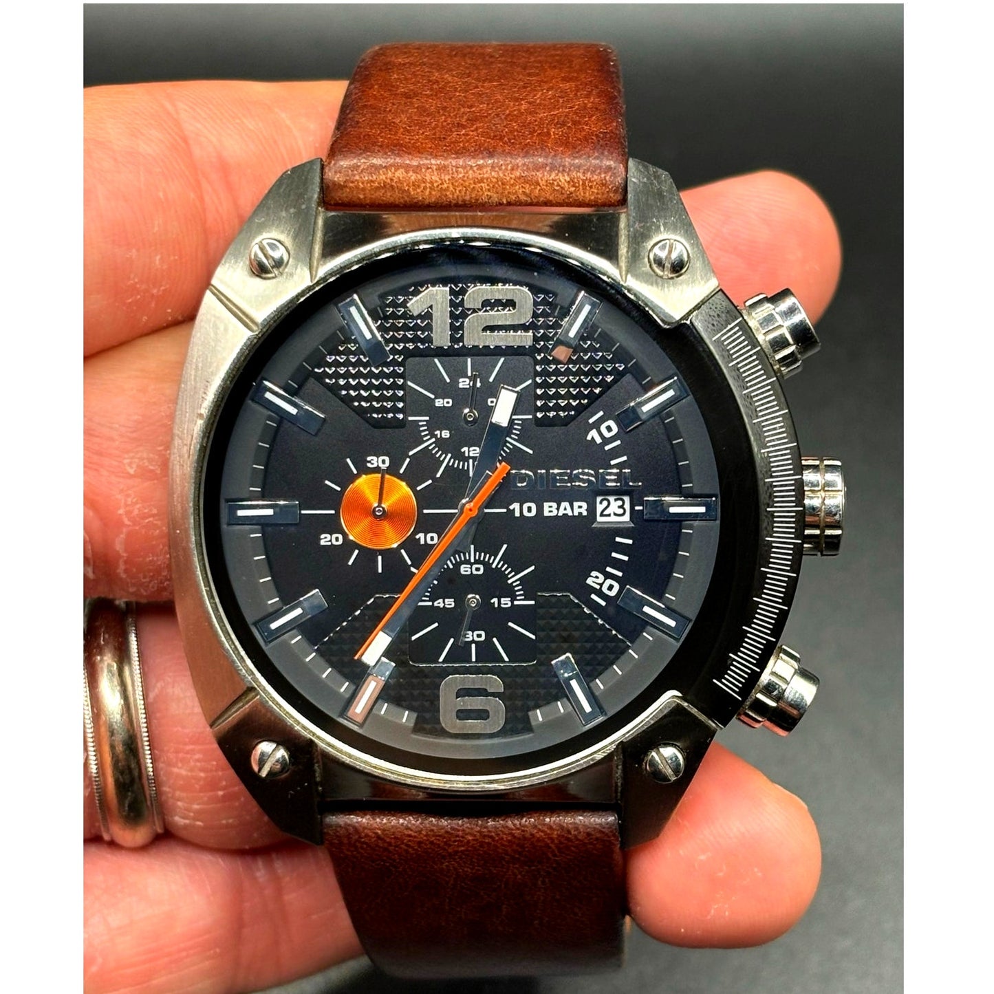 Diesel DZ4204 Men’s Overflow Chronograph Silver Case Brown Leather Watch