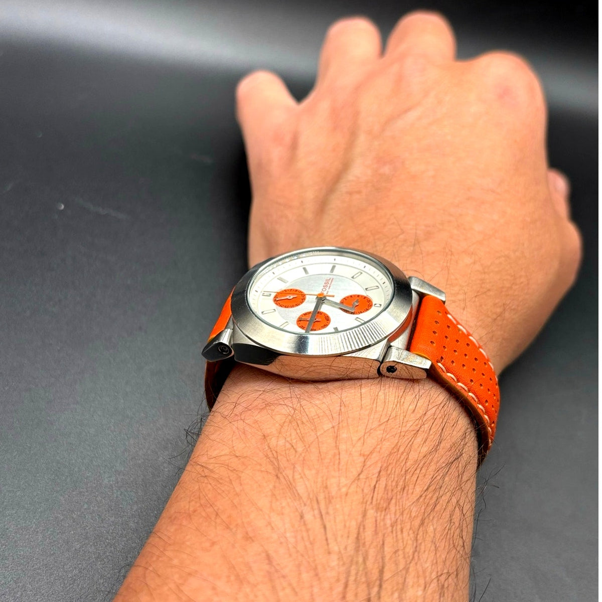 Fossil Boyfriend BQ9355 Multifunction Silver Orange Dial Leather Watch 50M
