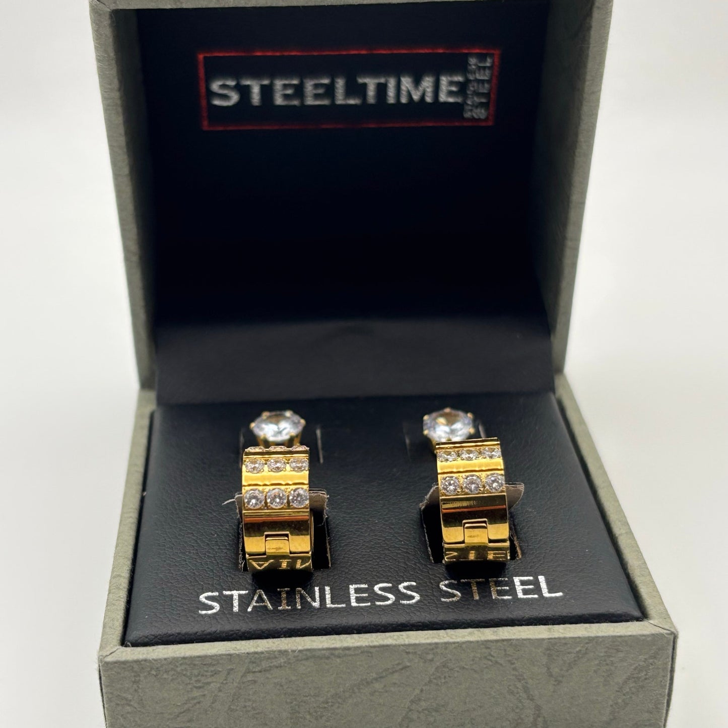 SteelTime Men’s Stainless Steel Earring Set – Gold Huggies + CZ Studs