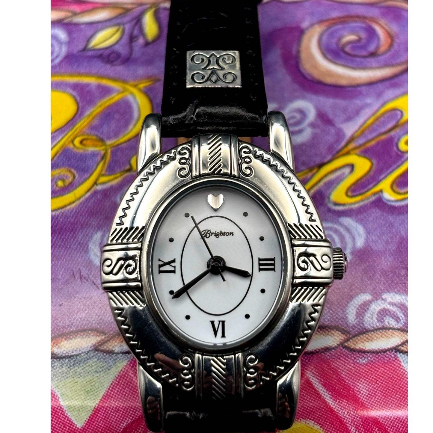 Brighton Moscow Women’s Silver Oval Black Italian Leather Vintage Watch NIB
