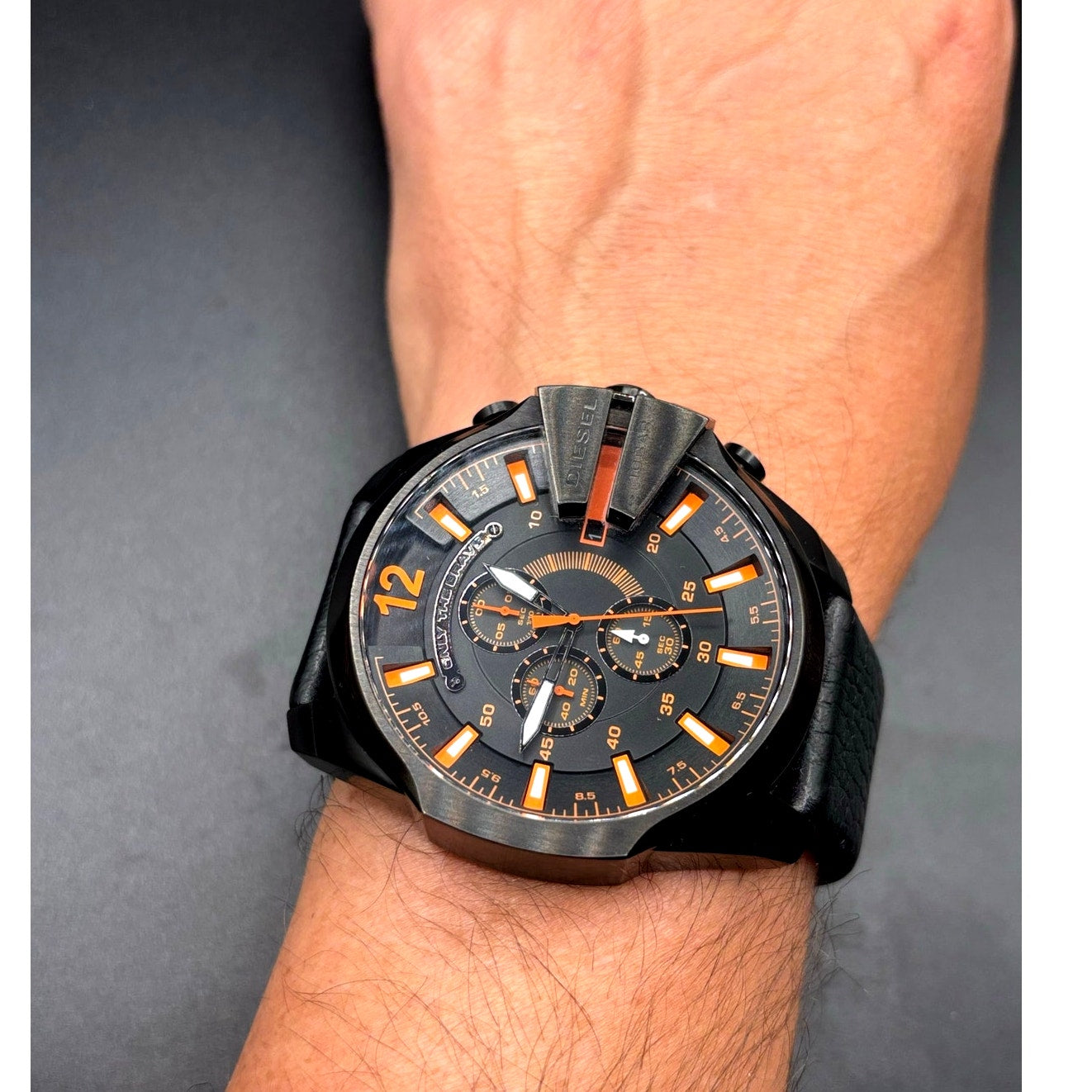 Diesel Mega Chief DZ4291 Black Orange Chronograph Leather Men's Watch 51mm