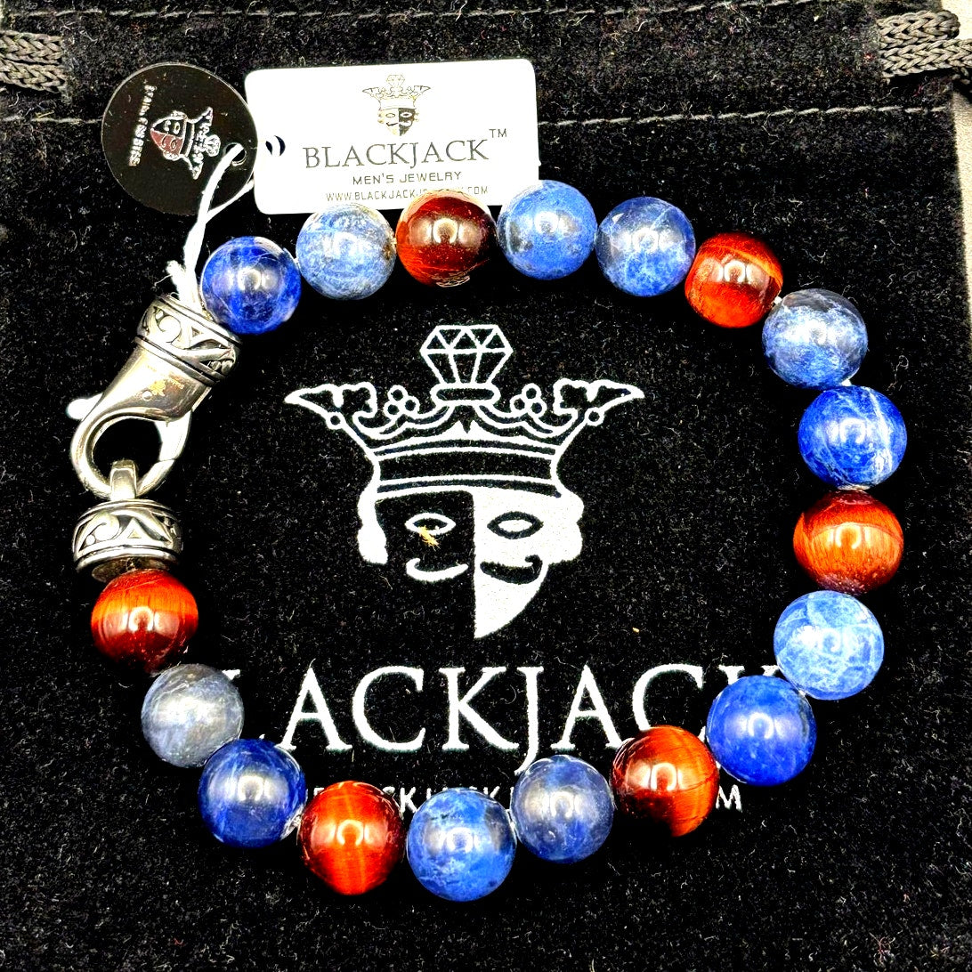 Blackjack BJS16BLS Men’s10mm Sodalite And Red Tiger Eye Beaded Bracelet NIBWT