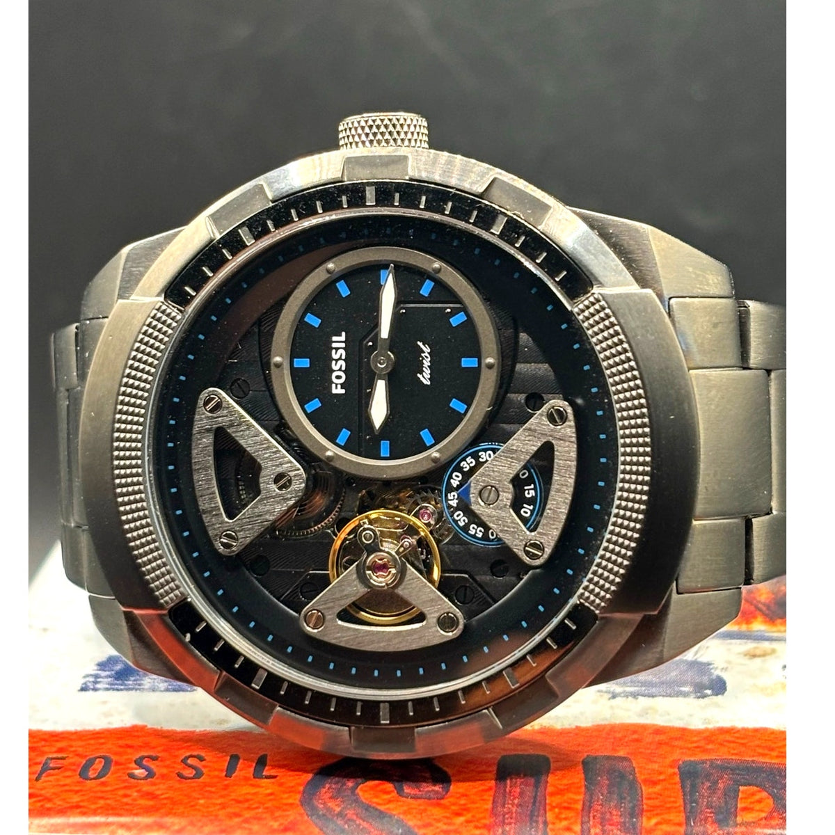 Fossil Bronson Twist ME1171 Semi Skeleton Smoke Stainless Steel 50mm Watch