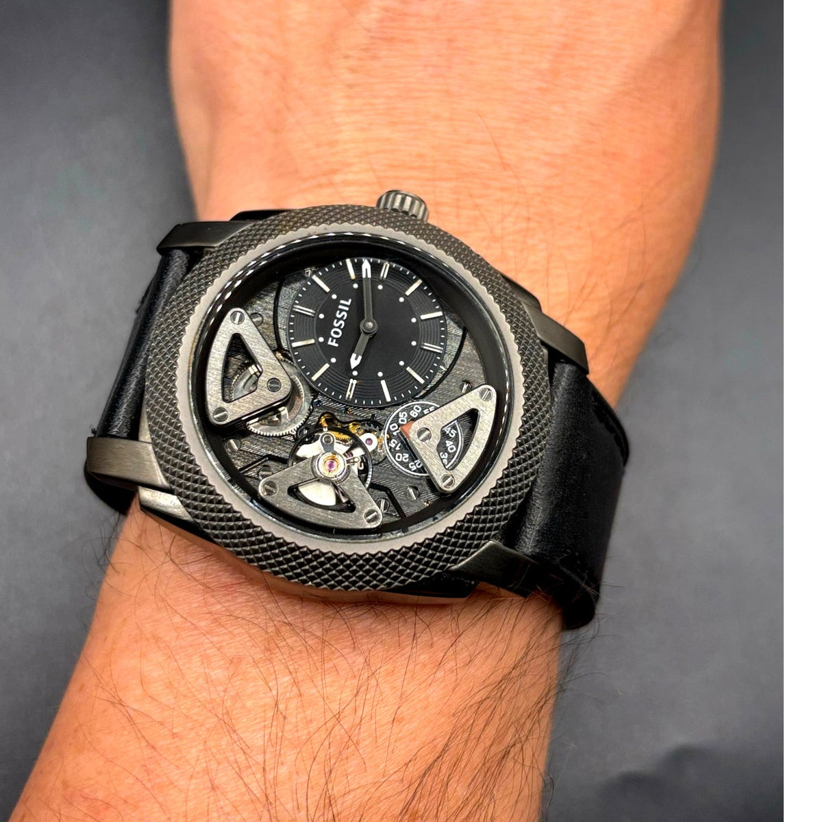 Fossil ME1129 Machine Twist Hybrid Smoke Gray Black Leather Men's Watch 45mm