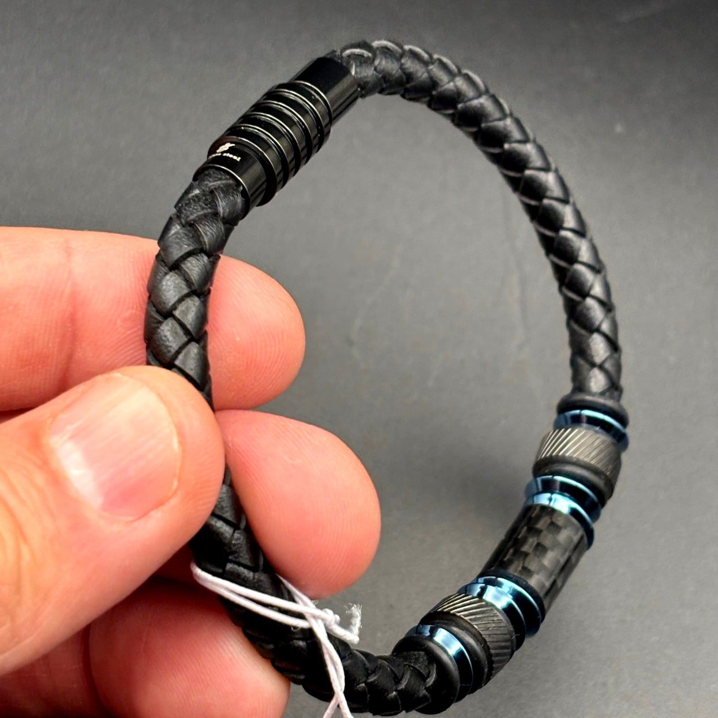 Blackjack BJB210BL Men's Leather Blue Stainless Steel Bracelet With Carbon Fiber