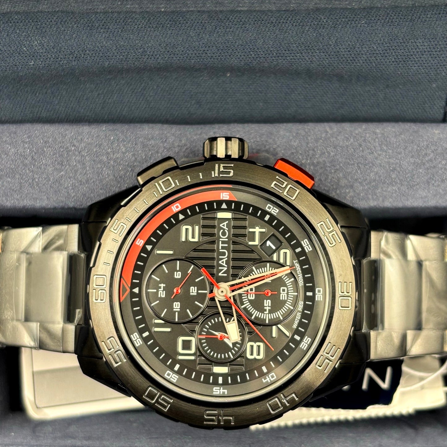 Nautica NAPNS305 Mens Chronograph Recycled Stainless Steel Bracelet Watch NIBWT