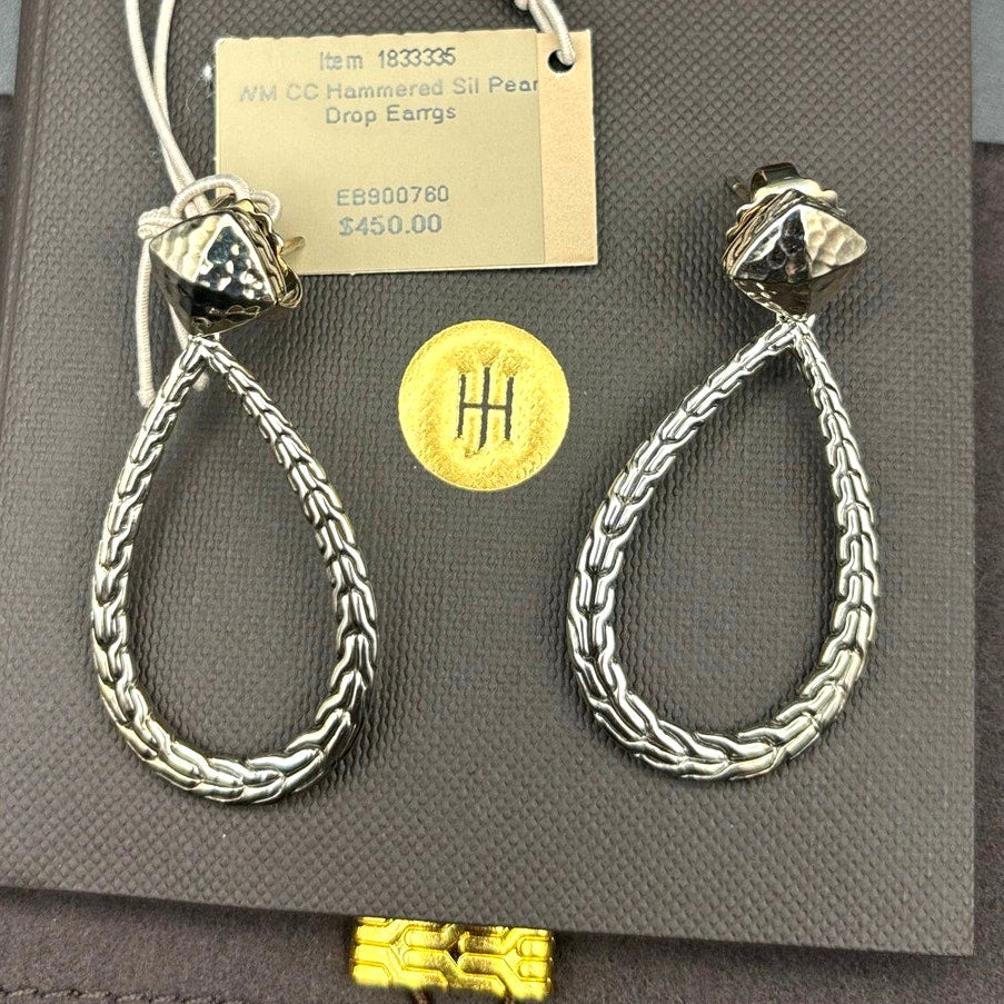 John Hardy 1833335 Womens Classic Chain Hammered Silver Pear Drop Earrings NIBWT