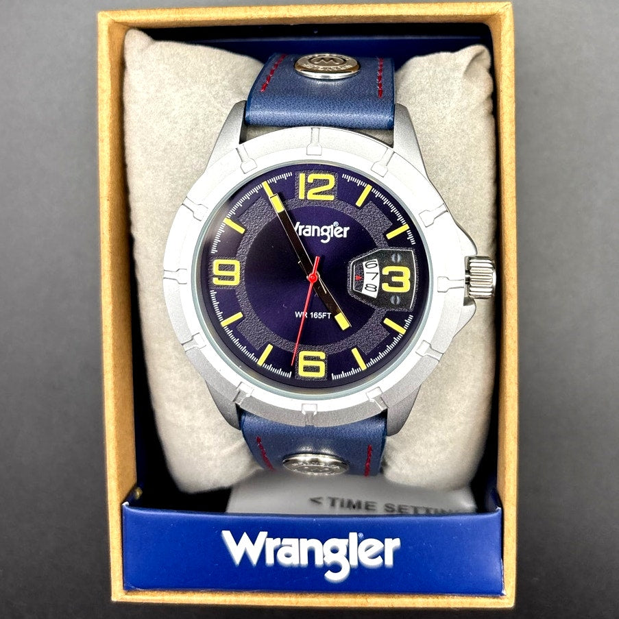 Wrangler WRW5002-2B Men’s Stainless Steel Blue Leather Date Watch NIBWT