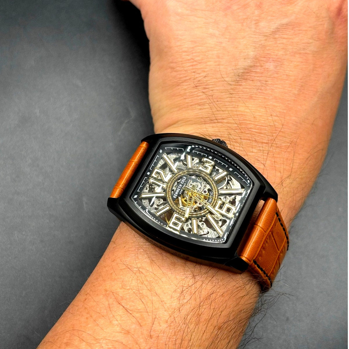 Kenneth Cole KC51083004 Automatic Skeleton Tonneau Leather Strap Men’s Watch