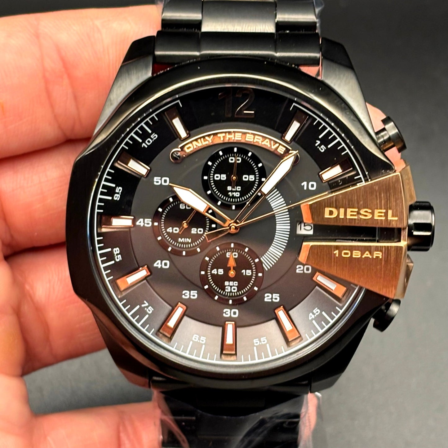 Diesel DZ4309 Mega Chief Mens Black Rose Gold Chrono Stainless Steel Watch NIBWT