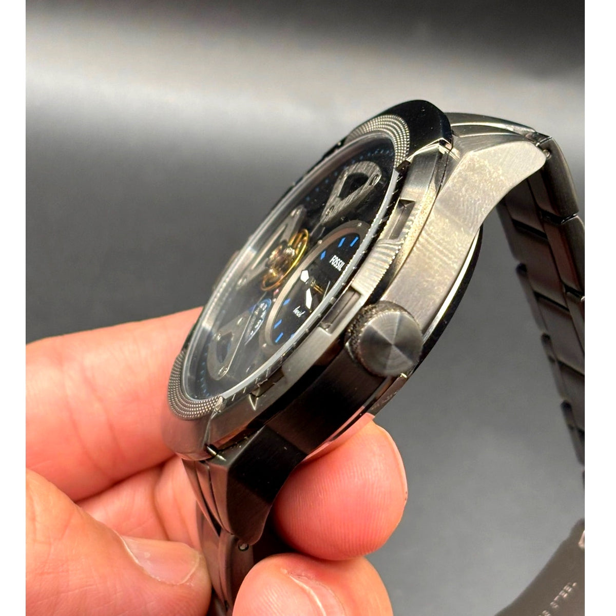 Fossil Bronson Twist ME1171 Semi Skeleton Smoke Stainless Steel 50mm Watch
