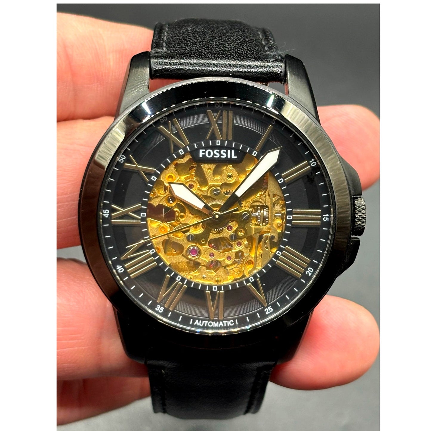 Fossil Grant ME3094 Automatic Skeleton Black Leather Men’s Watch 45mm