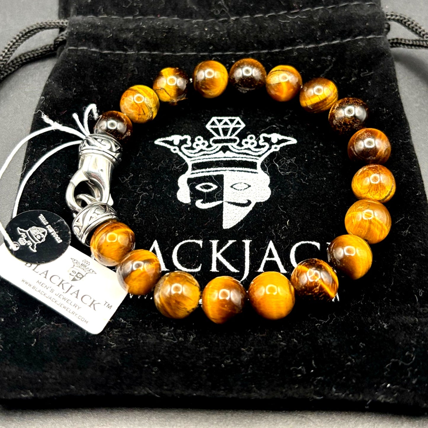 Blackjack BJB244BTE Mens Genuine 10mm Tiger Eye Stainless Steel Beaded Bracelet