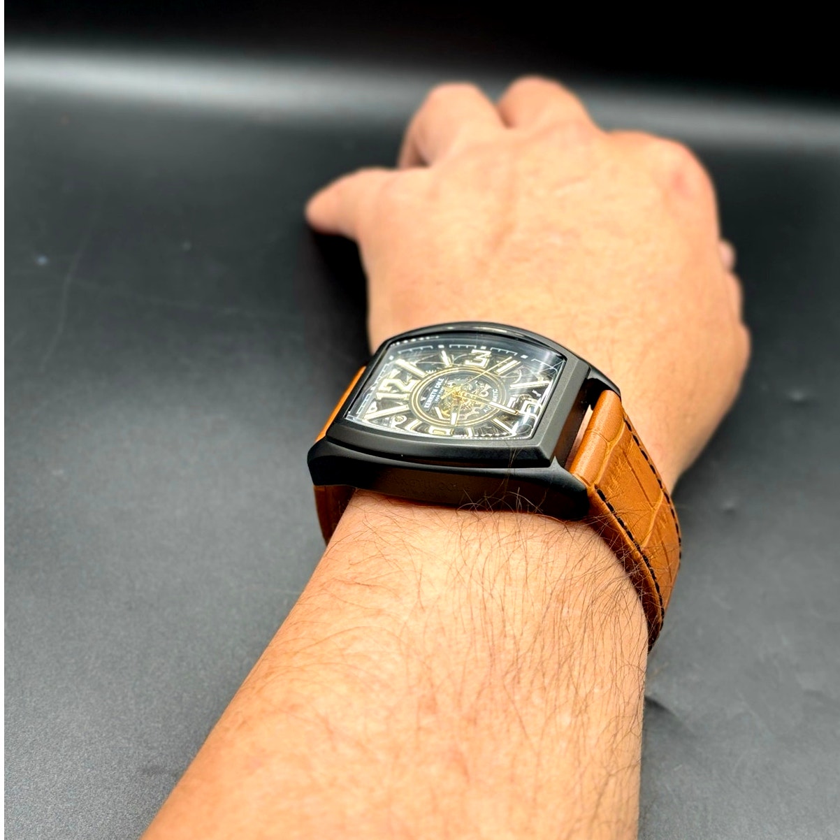 Kenneth Cole KC51083004 Automatic Skeleton Tonneau Leather Strap Men’s Watch