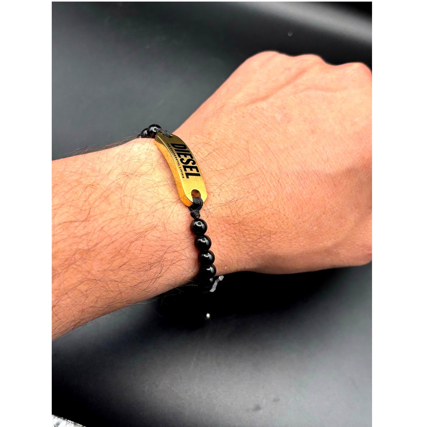 Diesel DX1360710 Men’s Black Bead Gold Tone ID Adjustable Bracelet NIBWT