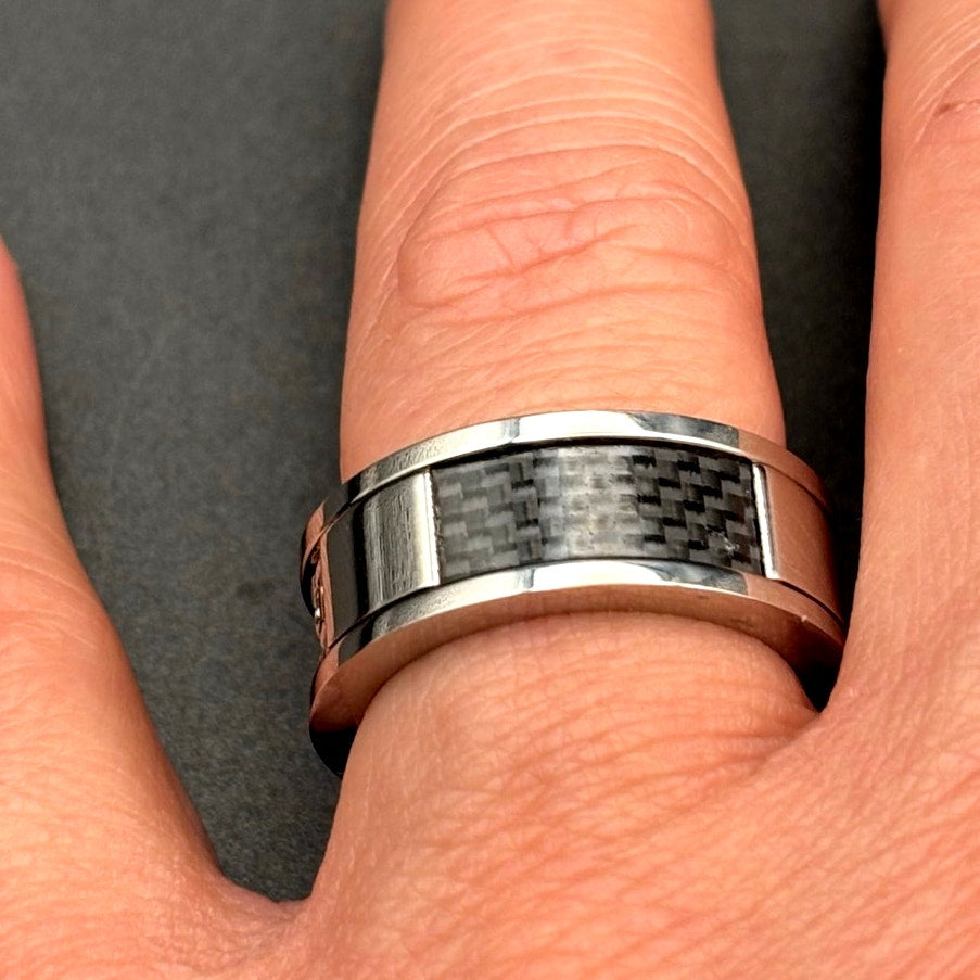 Blackjack BJR89W Men’s Stainless Steel Carbon Fiber Double Curb Link Ring SZ#10