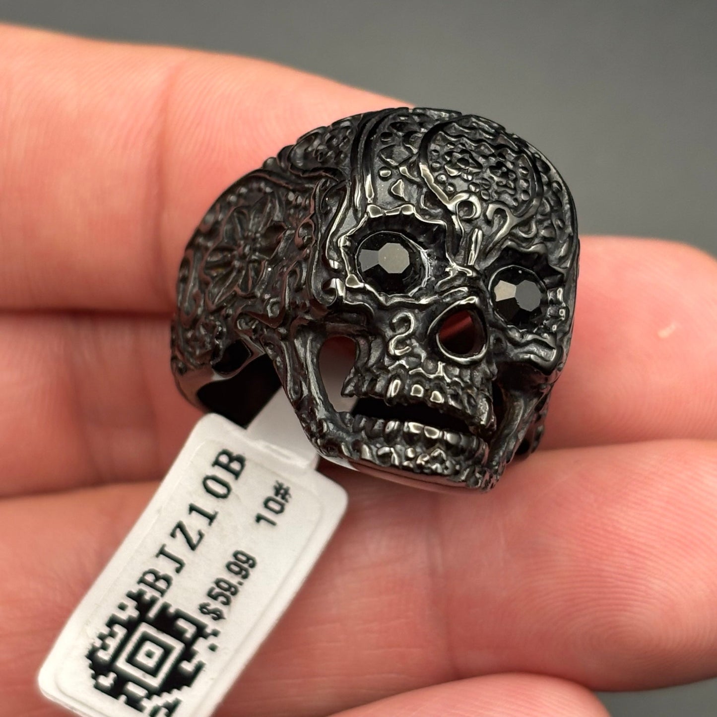 Blackjack BJZ10B Mens Skull Ring Black Stainless Steel with Black CZ Eyes Size10