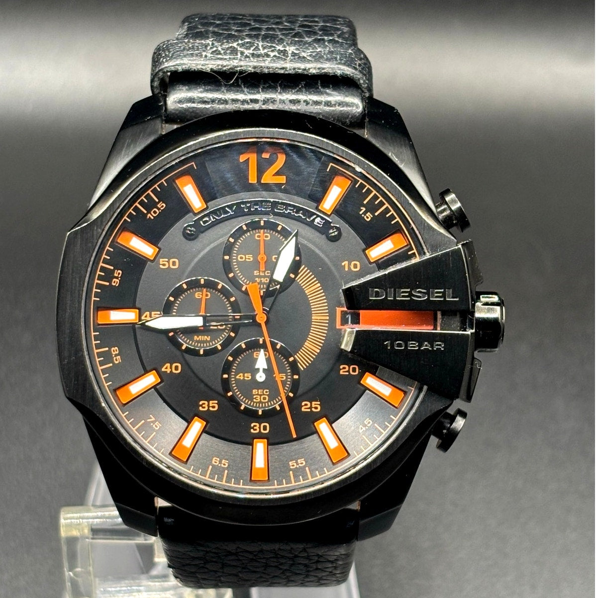 Diesel Mega Chief DZ4291 Black Orange Chronograph Leather Men's Watch 51mm