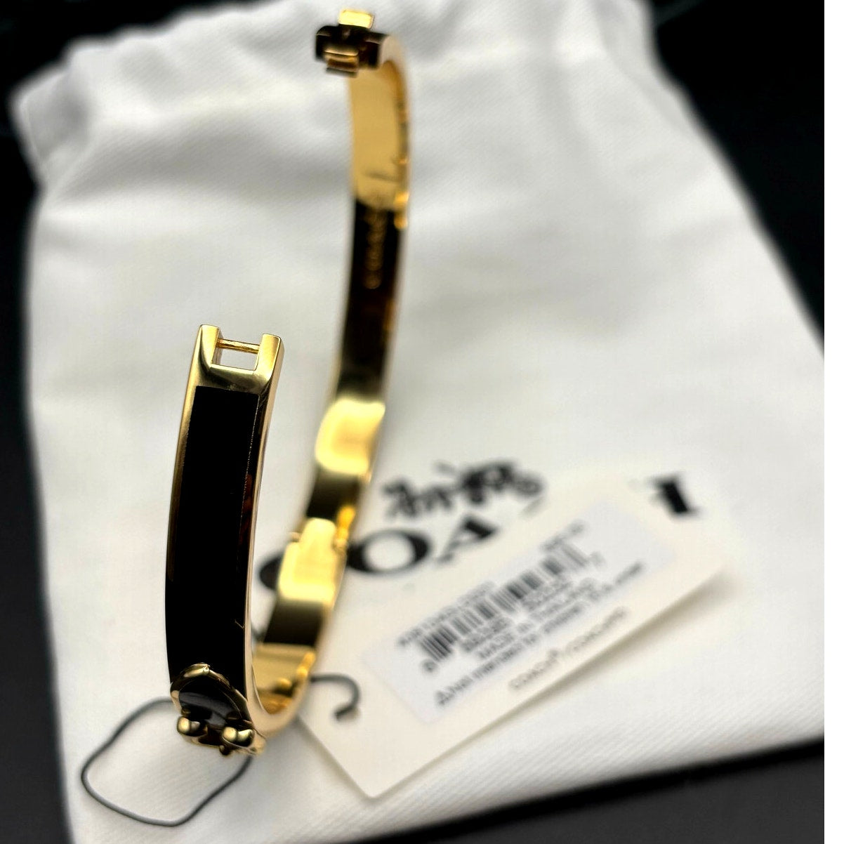 Coach 408104GLD001 Thin Enamel Signature Push Hinged Bangle Gold/Black NWT