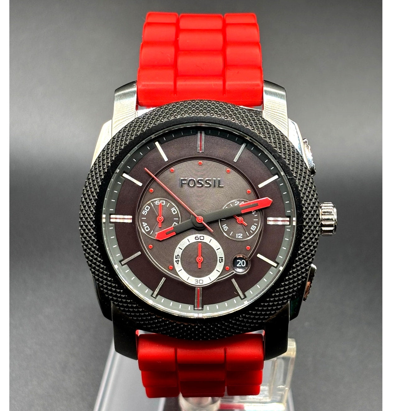 Fossil FS4598 Machine Chronograph Men’s Silver Red Silicone Strap Watch